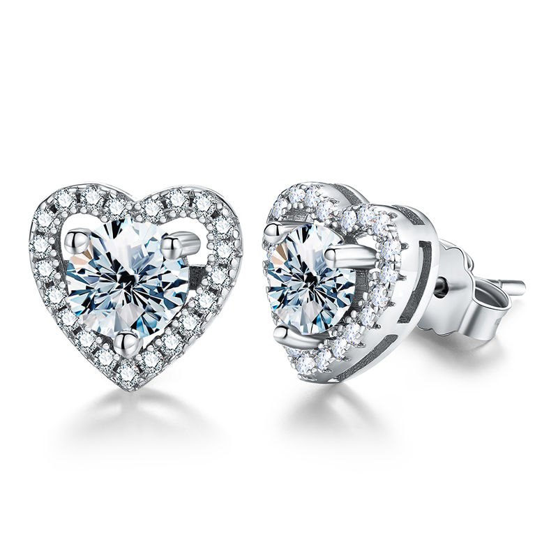 Miniatura: Real 0.5CT D Color Moissanite Diamond Heart Halo Stud Earrings for Women 925 Sil