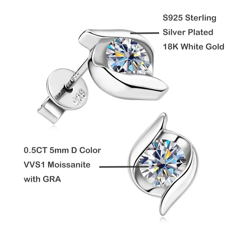 الصورة المصغرة: Premium Real GRA Certified D Color 0.5CT Moissanite Earrings for Women Girl S925