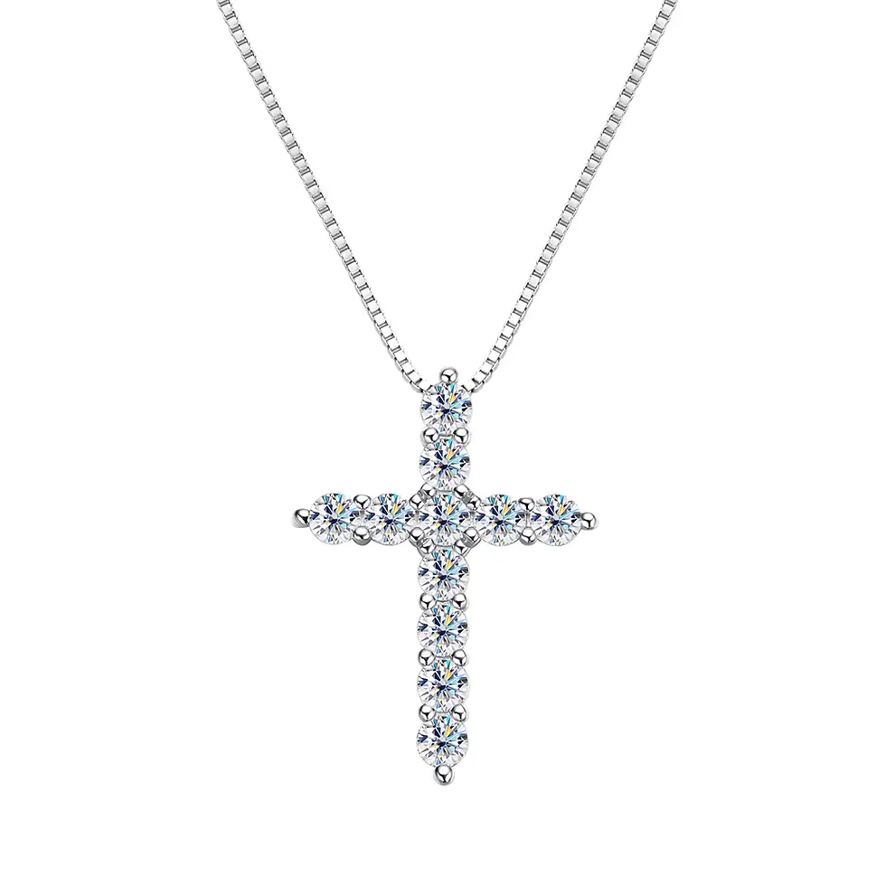 Thumbnail: Real Moissanite Jesus Cross Pendant Necklace for Women 925 Sterling Silver 2.5 3