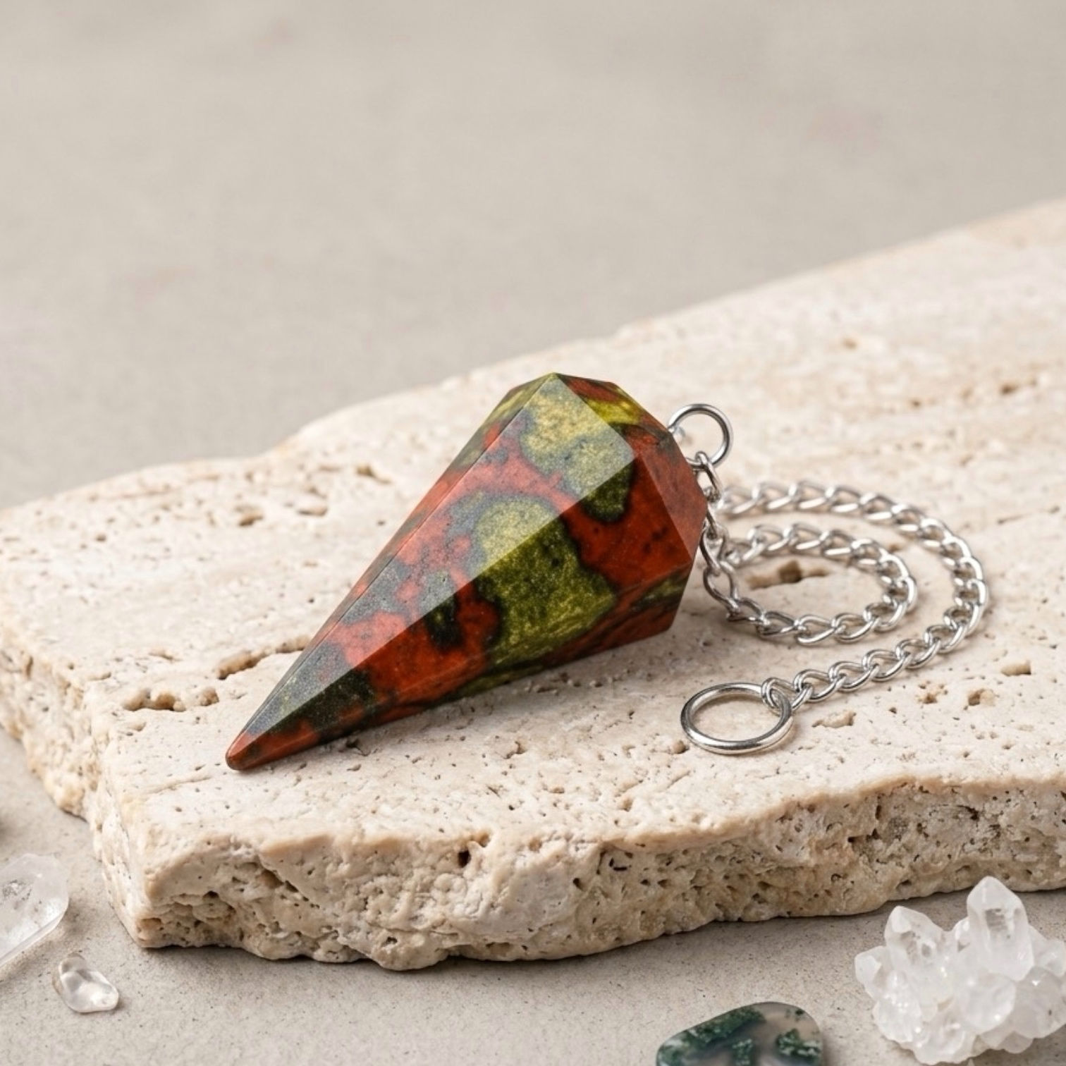 Dragon Bloodstone Pendulum Faceted Crystal Dowsing Divination Tool Silver Chain