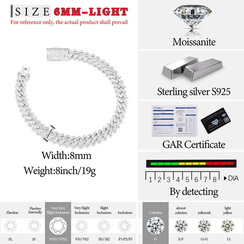 الصورة المصغرة: Unisex VVS1 D Color Moissanite 6mm Cuban Chain Bracelet  S925 Silver 