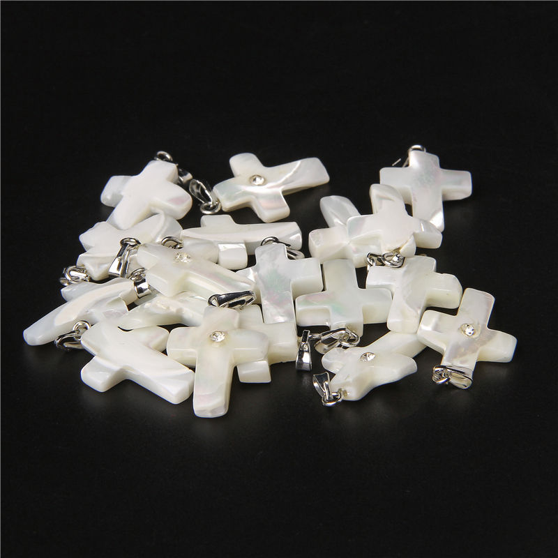Thumbnail: Natural Shell Beads Cross Shape CZ Pendant Carved Shell Christ Pendant 19.5*15MM