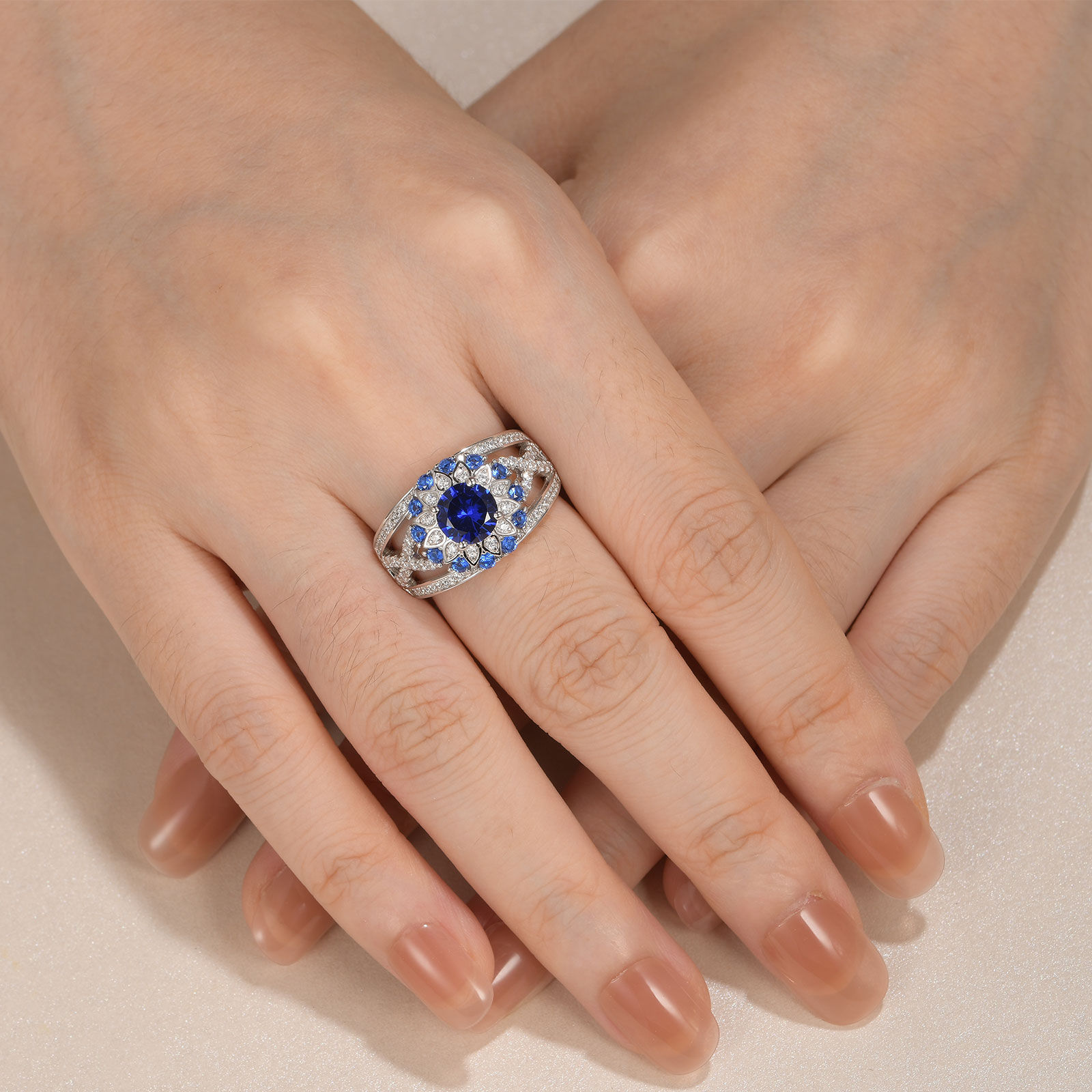 925 Sterling Silver White Blue Sapphire Flower Engagement Rings for Women Weddin