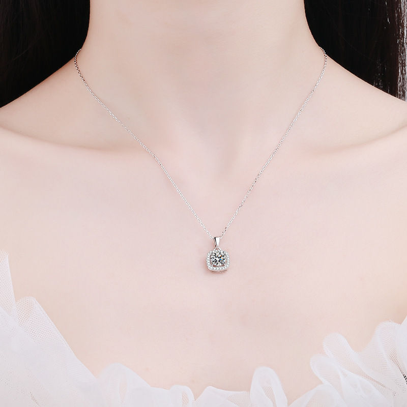 Thumbnail: Real Moissanite Necklace 1CT 2CT Sterling Silver VVS Lab Diamond Halo Pendant