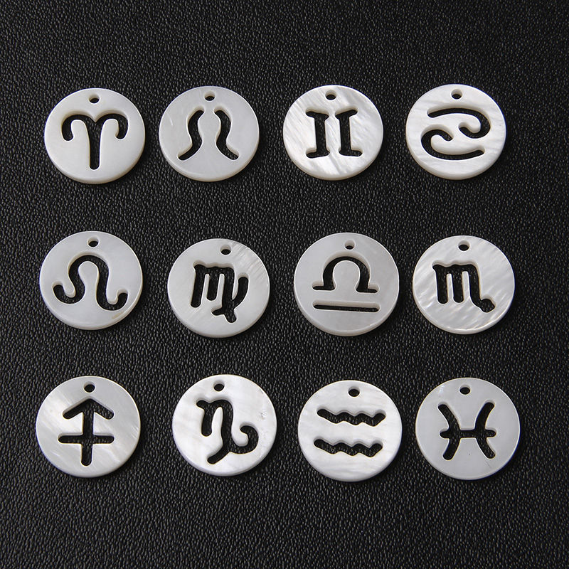 Miniatura: 12 Zodiac Sign Constellation Shell Charm 11 mm Round Mother Pearl Carved Bead 