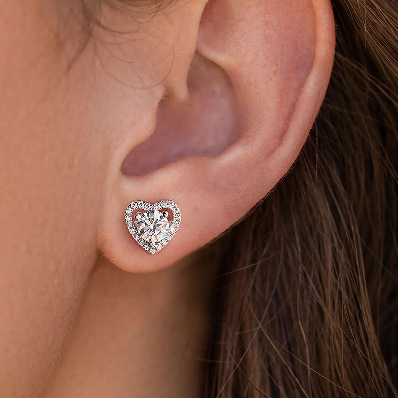 Miniature : Real 0.5CT D Color Moissanite Diamond Heart Halo Stud Silver Earrings for Women