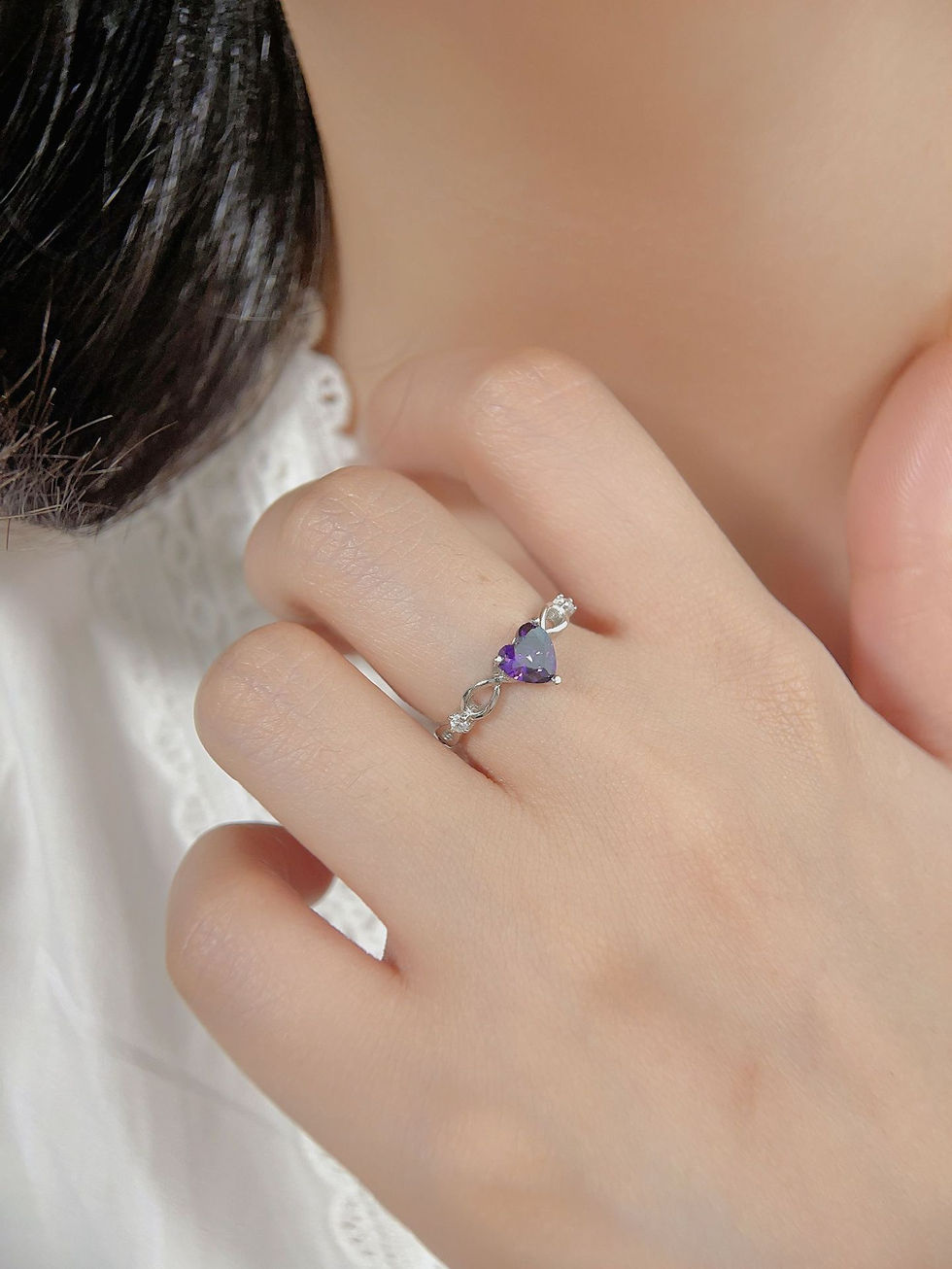 Thumbnail: 925 Sterling Silver Natural Amethyst Purple Heart Ring Women's Gem Ring
