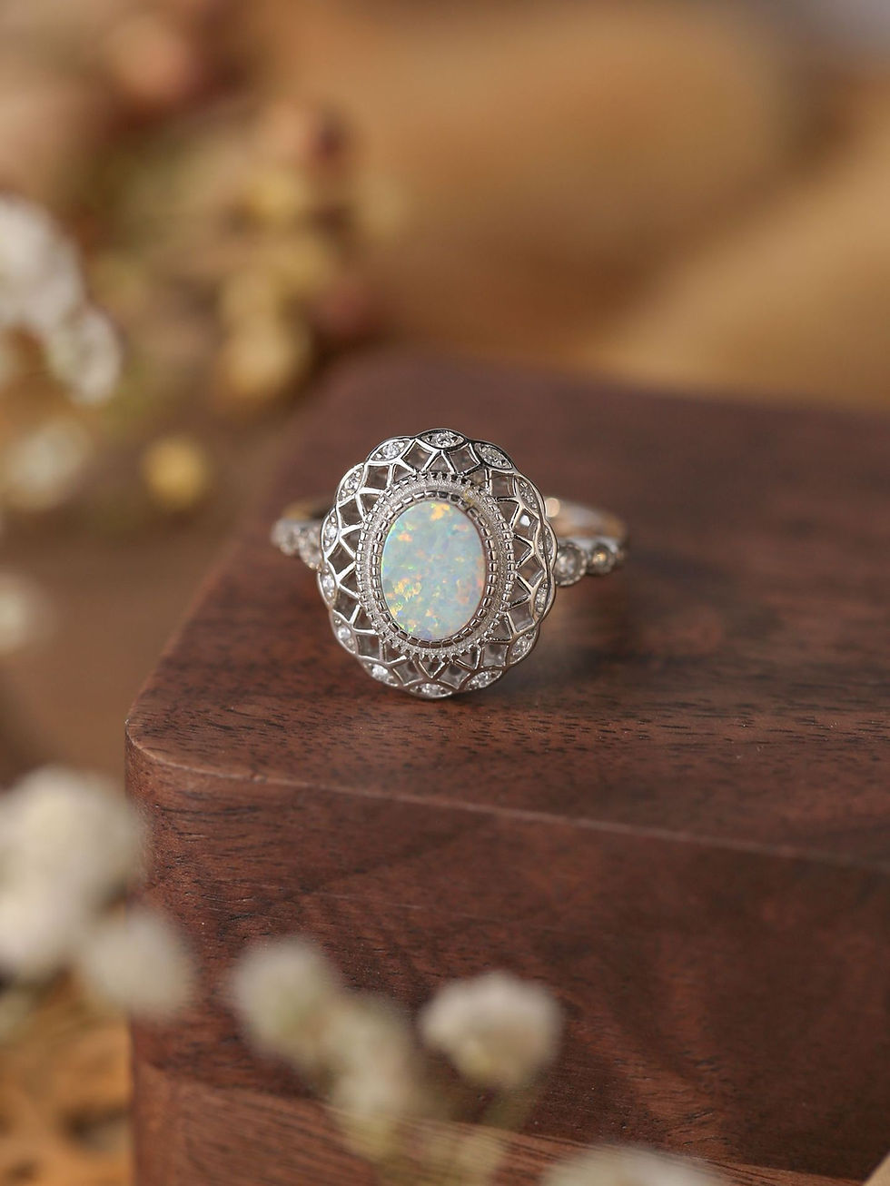 Thumbnail: 925 Sterling Silver Small Fresh Australian Gem Ring Diamond Opal Ring For Women