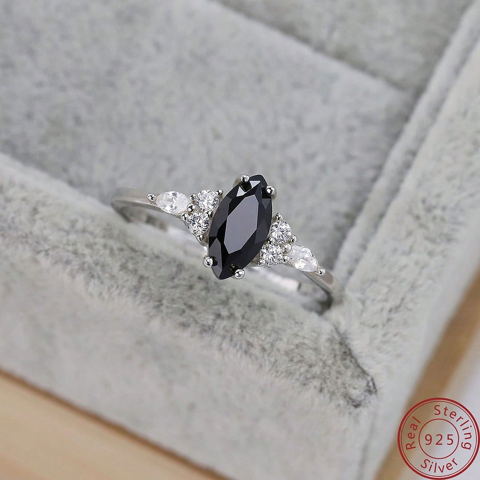 Thumbnail: 925 Sterling Silver Ring Oval Black Agate Set with Diamond Simple Design