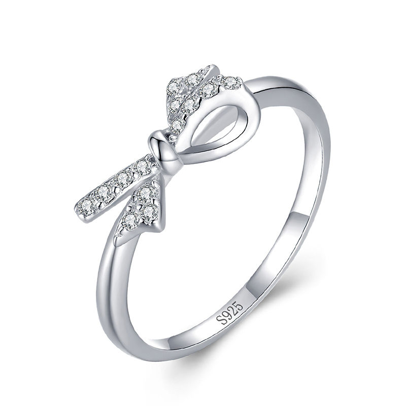 Miniature : White Zircon Simple Sweet Bowknot Platinum Ring for Women Dating 925 Silver Ring