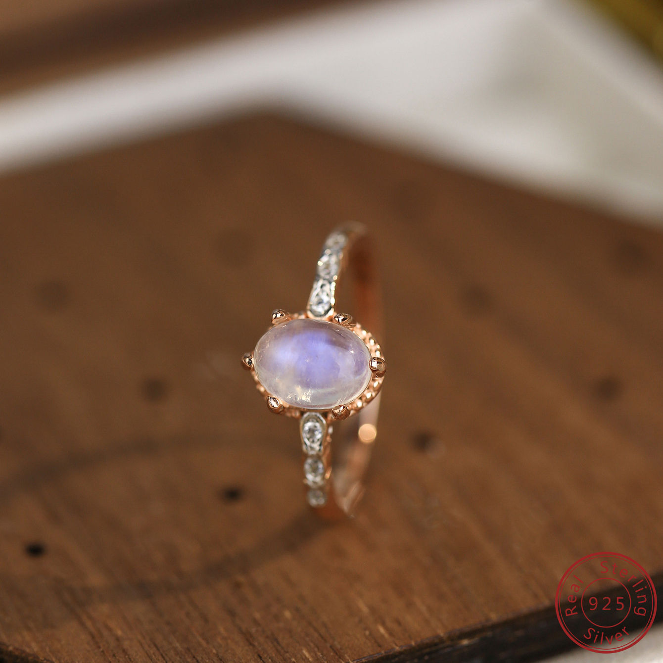 925 Sterling Silver Oval Moonstone Micro Zircon Ring for Women's Fashion Ring