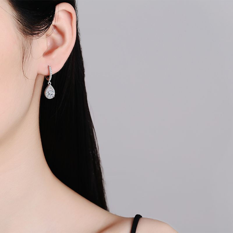 Miniature : Classic 100% Real 1 Carat Pear Cut Moissanite Diamond Drop Earrings Women’s S9