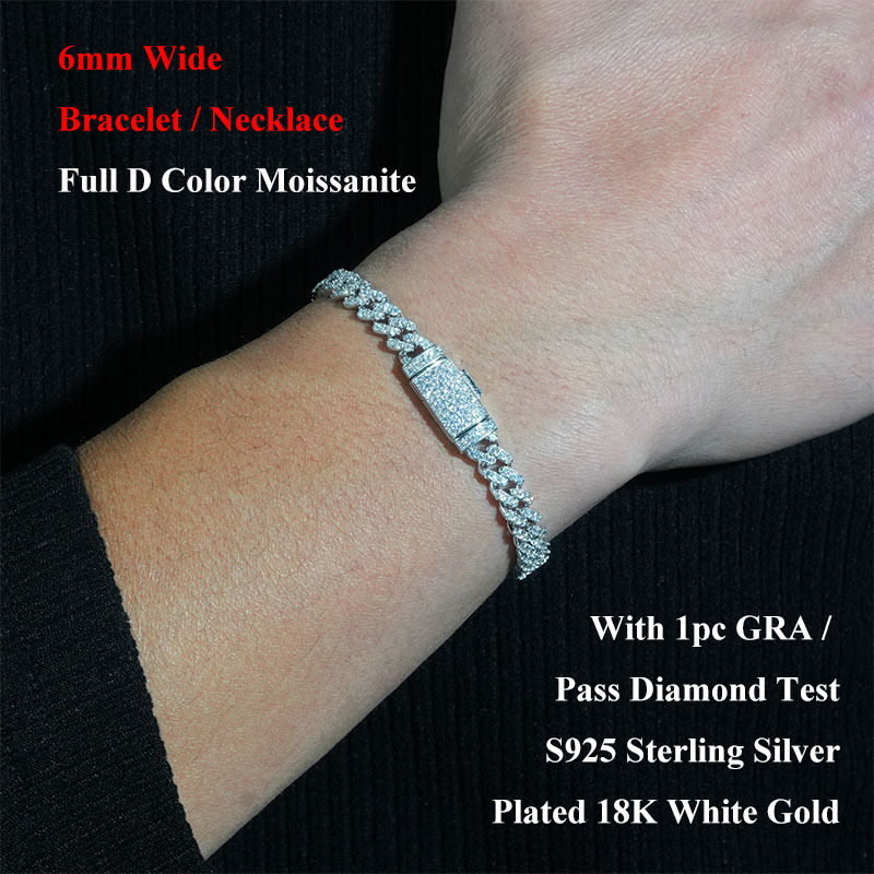 Thumbnail: 6mm 8mm 10mm Real Full VVS1 Moissanite Cuban Neck Chain Necklace for Men Women U