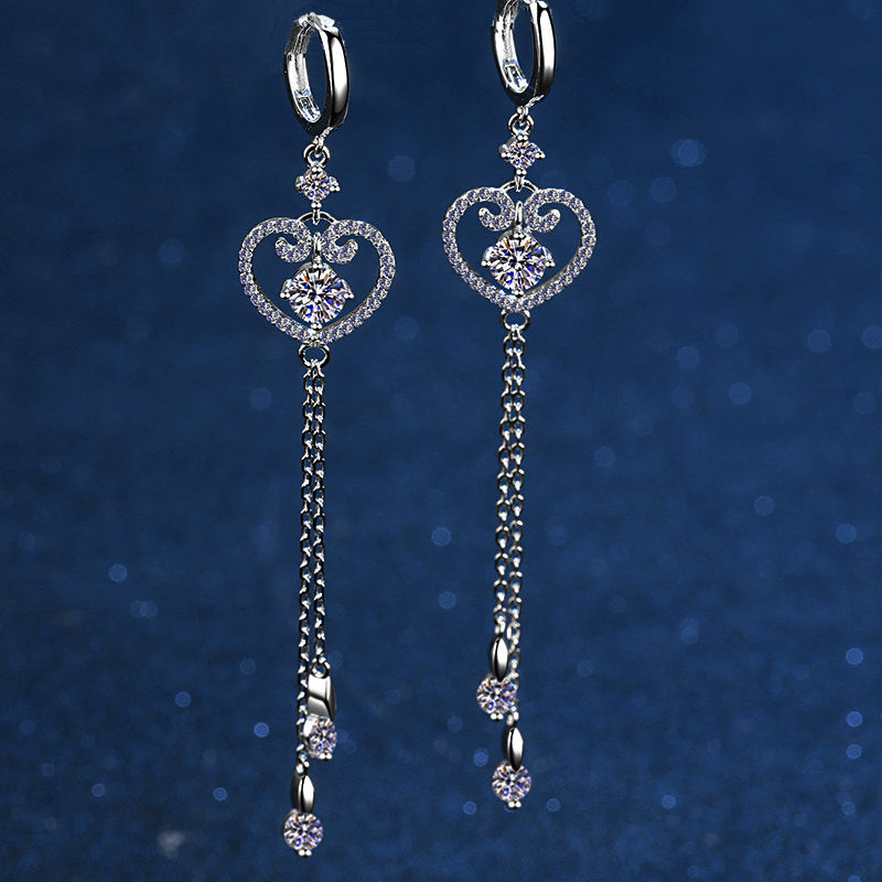 925 Sterling Silver Heart Tassel Earrings 1 CT Round Cut Moissanite Lab Diamond