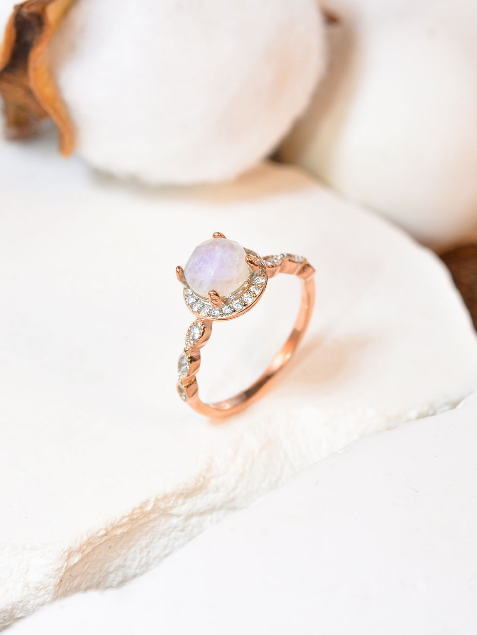 Miniature : 925 Round Moonstone Rose Gold Wave Ring for Female Minority Design, Simple Rings