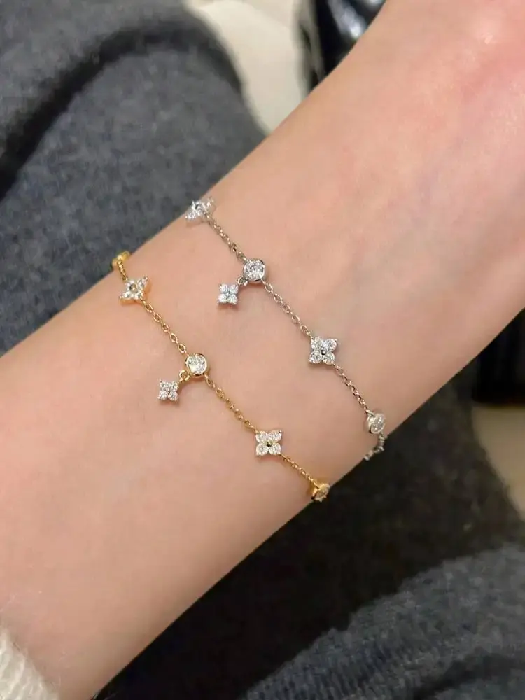 Miniaturbild: 925 Sterling Silver Vintage Four Leaf Clover Zircon Bracelet For Women & Girls