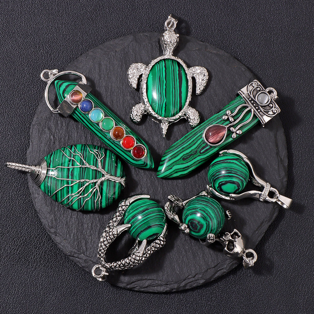 Malachite Stone Pendant – Silver Arrow, Ball Drop Charms for DIY Jewelry
