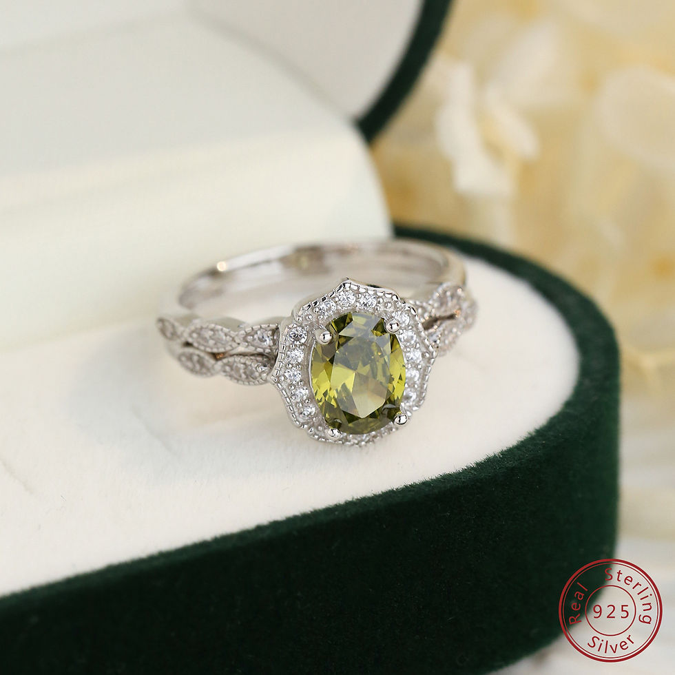 Miniatura: 925 Sterling Silver Olive Emerald Oval Double layered Ring Women's Couple Ring