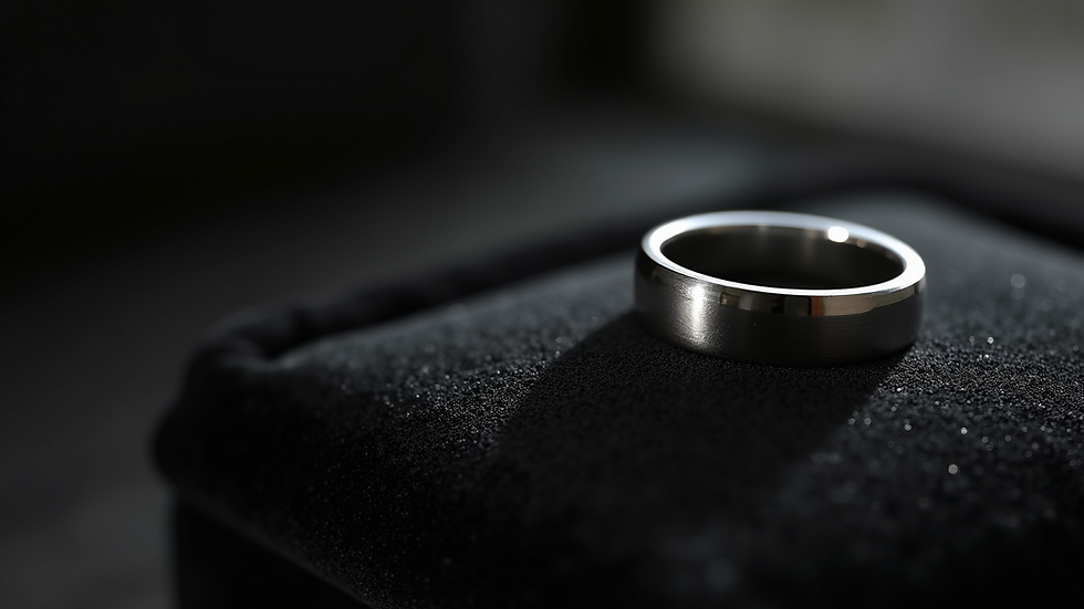 Close-up view of a polished 925 silver ring on a black velvet surface