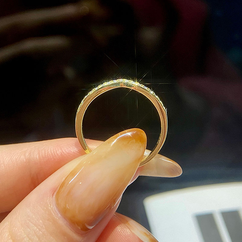Miniature : Full Zircon Simplicity Personalized V shaped Gold Ring For Women Real 925 Silver