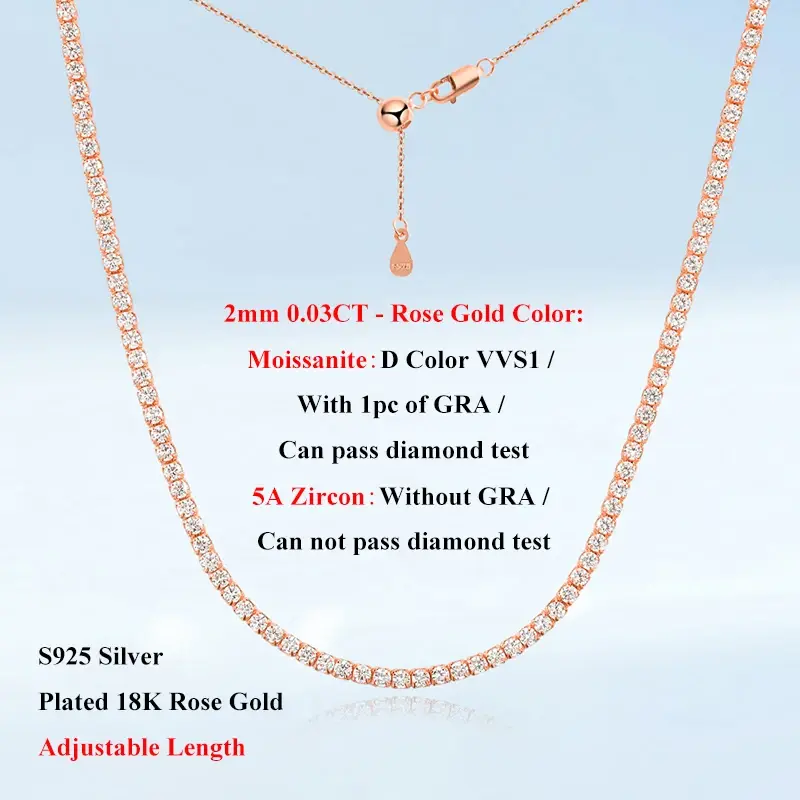 Thumbnail: Adjustable Full 2mm 0.03CT D Color Moissanite Tennis Necklace for Women 925 Silv