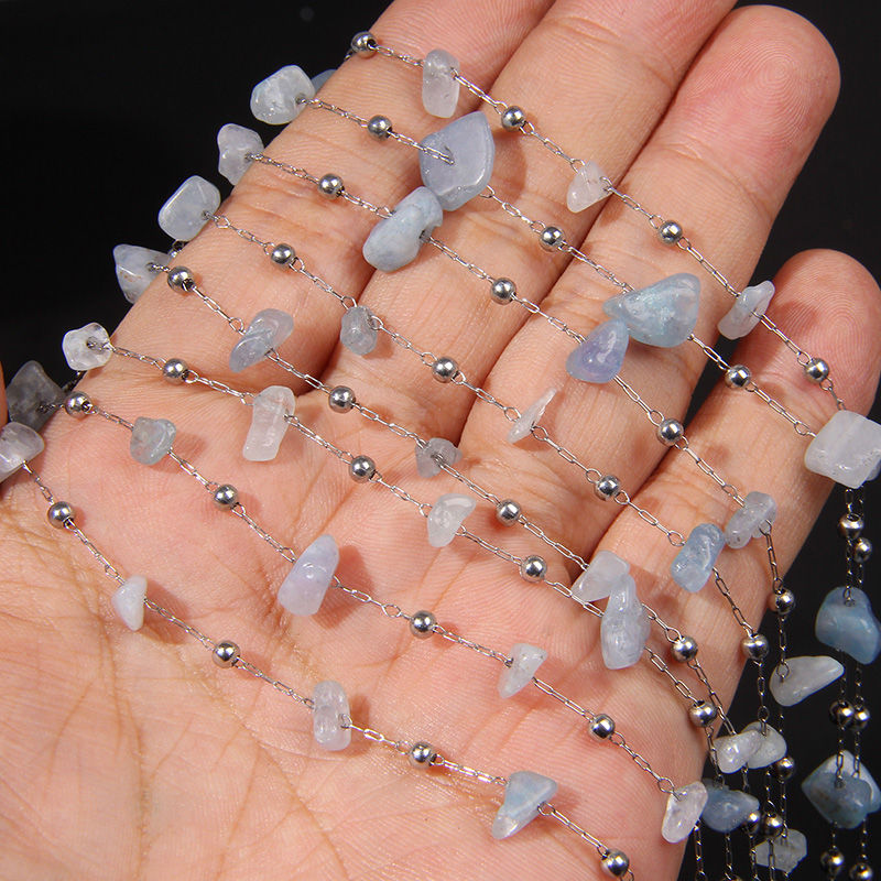 Miniaturbild: 0.5/1Meter Aquamarine Chip Stone Necklace Bracelet Stainless Steel Chain Jewelry