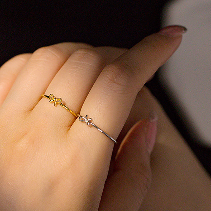 Miniature : Real 925 Sterling Silver Fashion Simple Bowknot Engagement Ring for Women Female