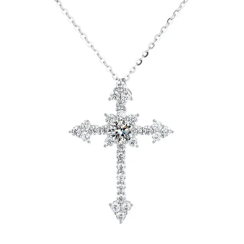 Thumbnail: Real 1 Carat Moissanite Cross Pendant Necklace For Women 100% 925 Sterling Silve