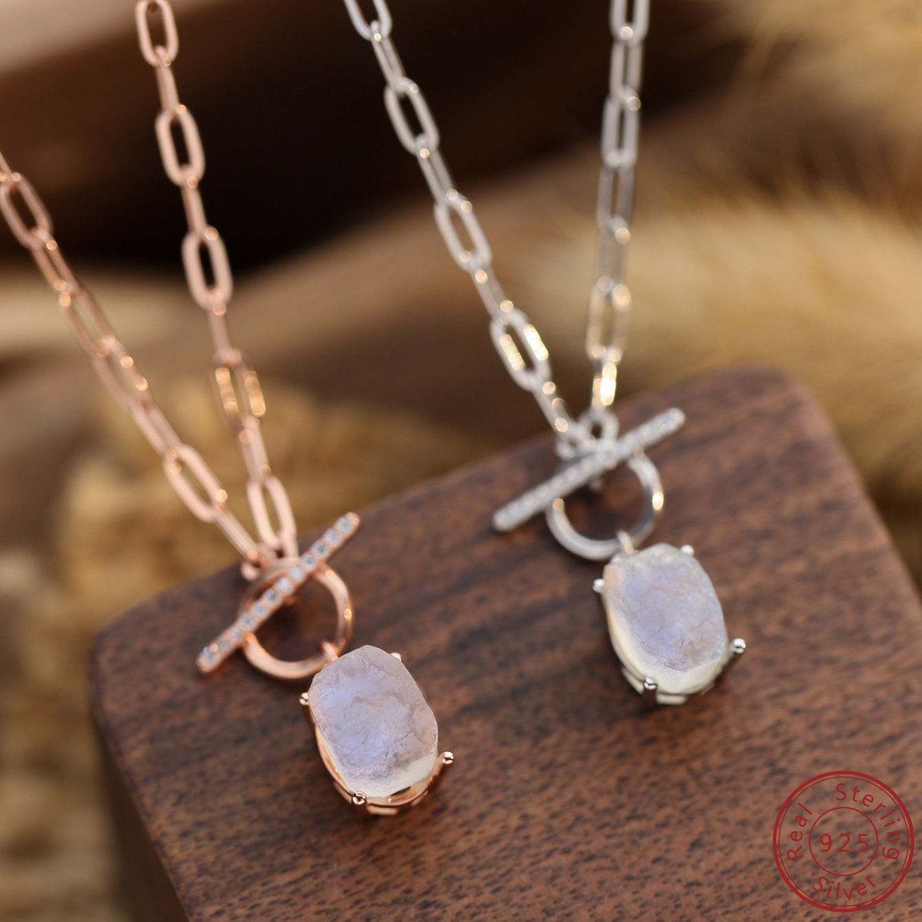 925 Sterling Silver Irregular Moonlight Stone Necklace for Women