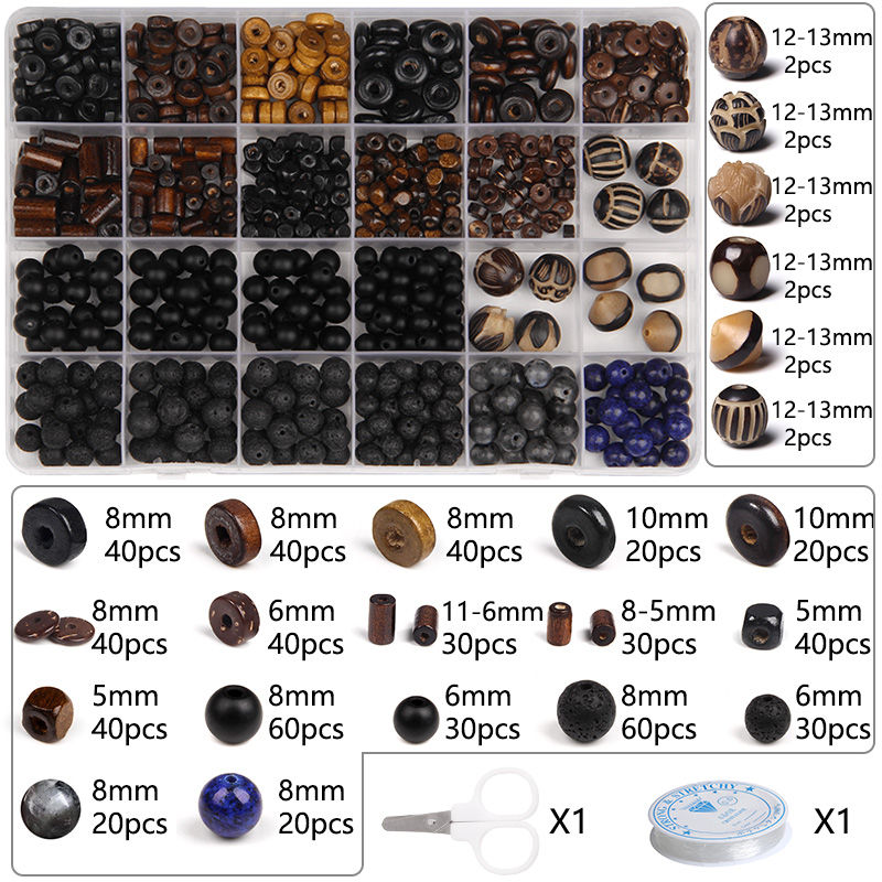 الصورة المصغرة: Flat Round Wood Beads Kit Natural Lava Stone Bead Set Charms Elastic String Box 