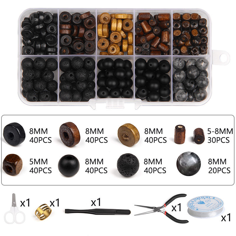 الصورة المصغرة: Flat Round Wood Beads Kit Natural Lava Stone Bead Set Charms Elastic String Box 