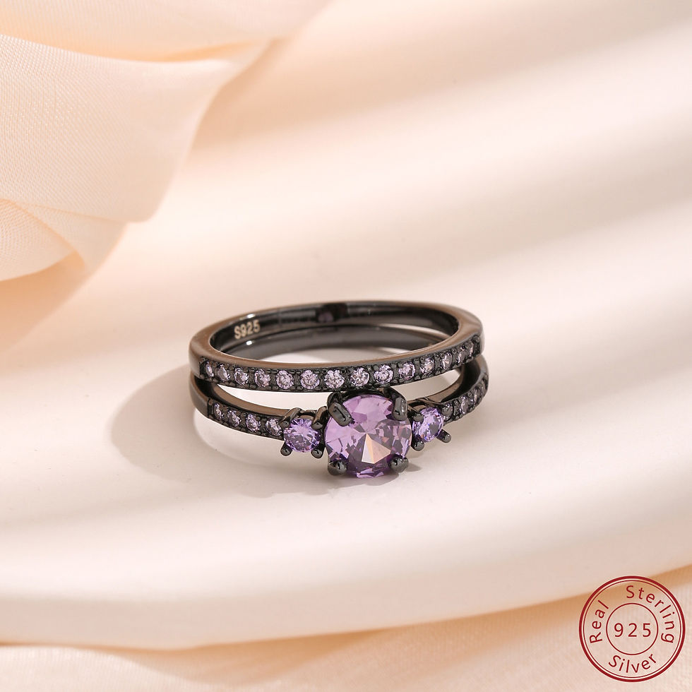 الصورة المصغرة: 925 sterling silver double-layer black gold amethyst retro style women's ring