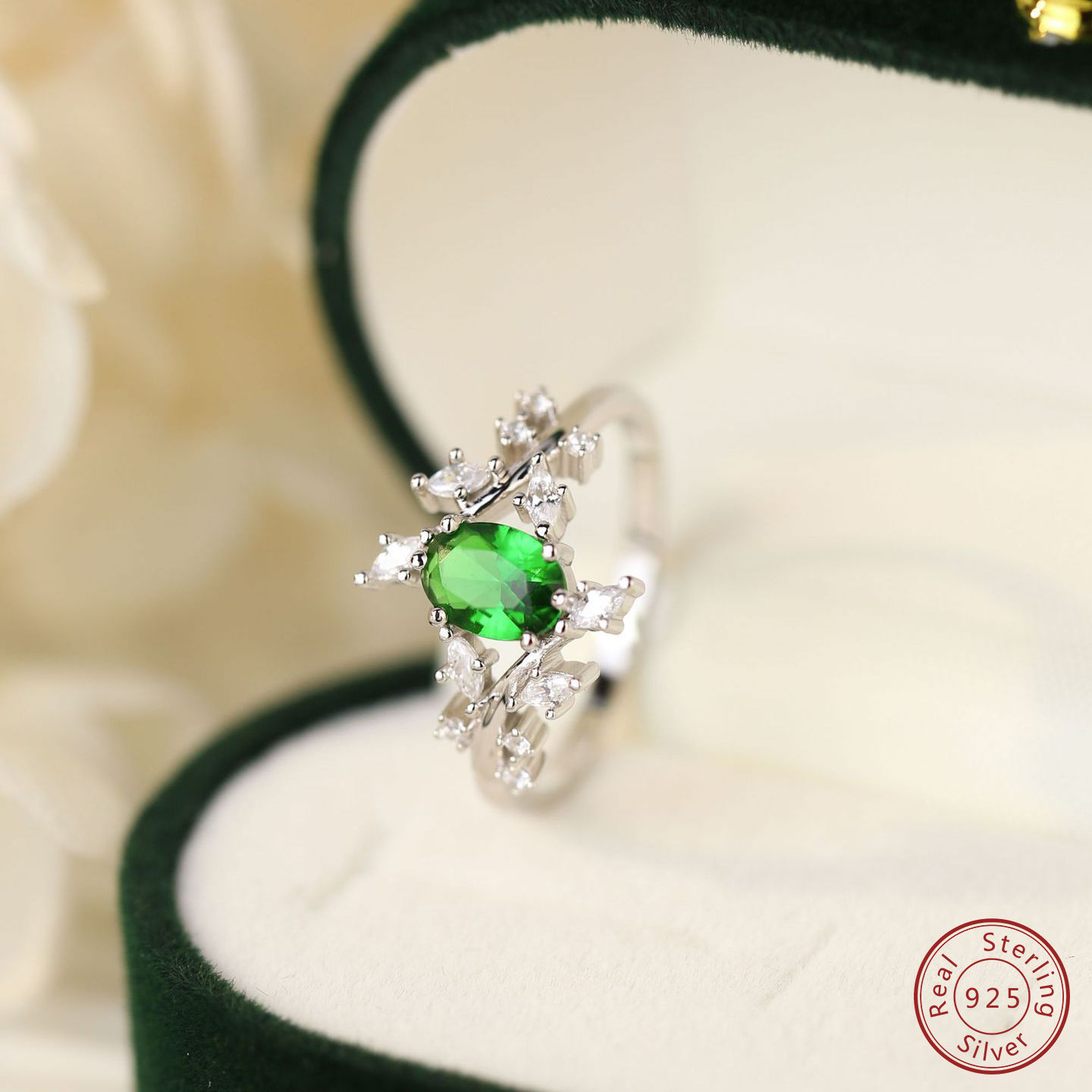 925 Sterling Silver Branch Oval Green Zircon Ring Simple Design Personalize Ring
