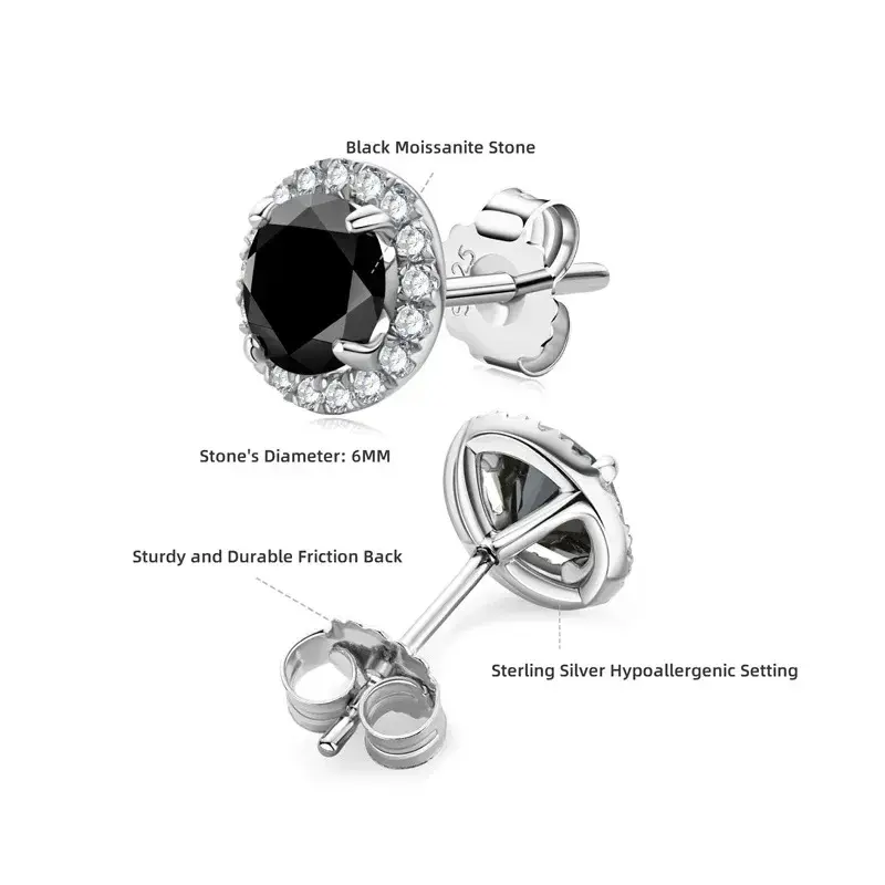 الصورة المصغرة: Luxury Real D Color 0.8CT 6mm Black Moissanite Stud Earrings For Women S925 Ster