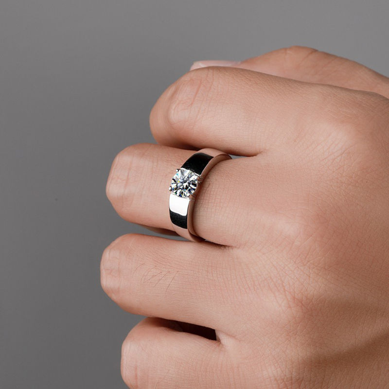 Miniature : 1-2CT D Color Certified Moissanite Diamond Wedding Rings For Men 925 Silver Ring