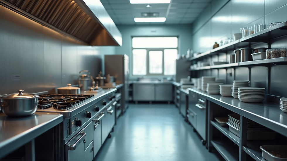 High angle view of a clean and organized commercial kitchen workspace