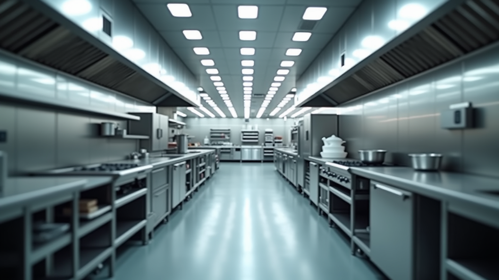 Eye-level view of a spacious commercial kitchen layout with distinct zones