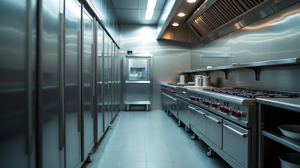 Eye-level view of stainless steel commercial kitchen with cooking and refrigeration equipment