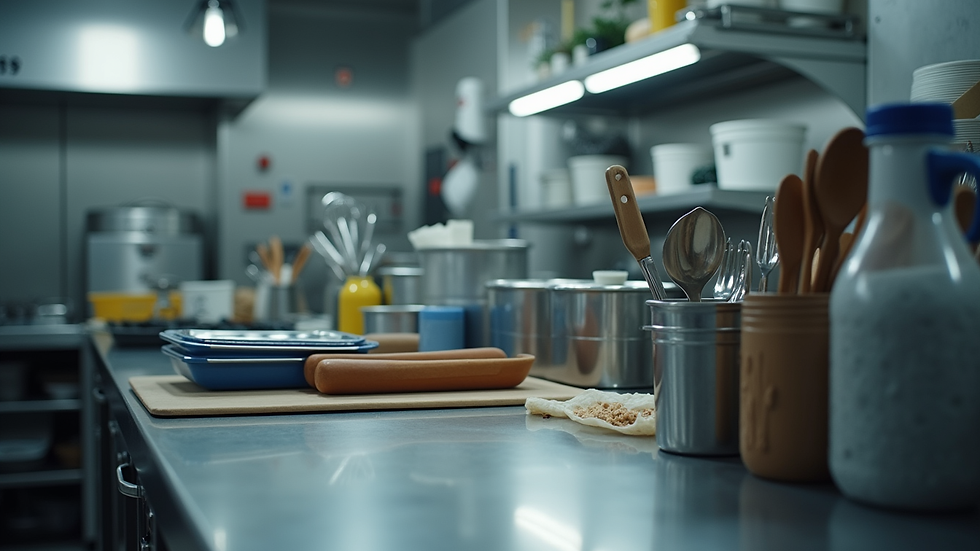 Close-up view of a commercial kitchen workstation with organized utensils and equipment