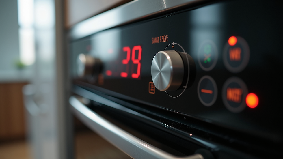 Close-up view of a digital kitchen control panel with temperature and timer settings