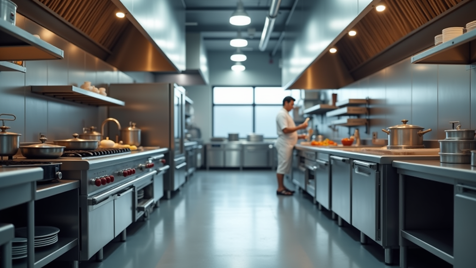 Eye-level view of a modern commercial kitchen layout with distinct cooking and prep zones