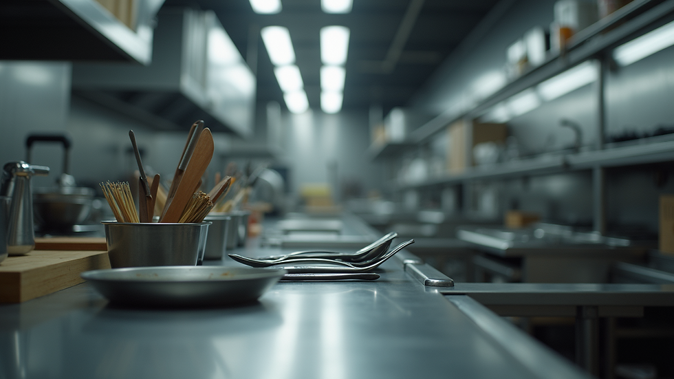 Close-up view of a commercial kitchen workstation with organized utensils and equipment