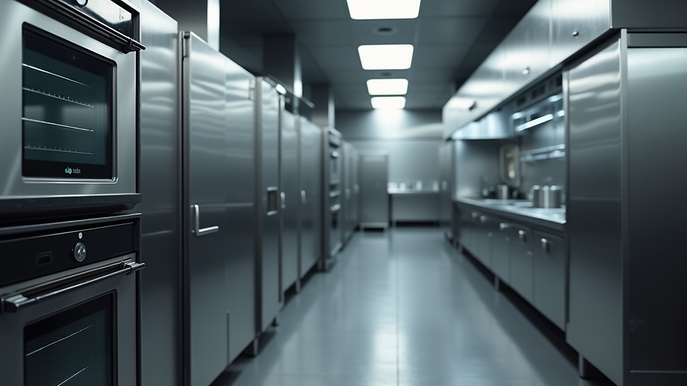 Close-up of stainless steel commercial kitchen equipment including ovens and refrigerators