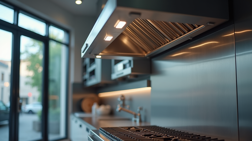 Close-up view of stainless steel kitchen ventilation hood and fire suppression system