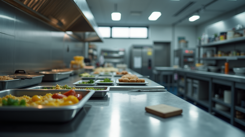 Close-up view of a commercial kitchen workstation with prep tables and cooking equipment