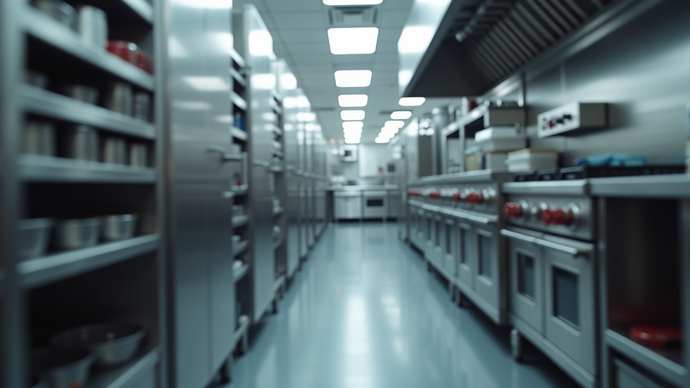 Eye-level view of a modern commercial kitchen with stainless steel appliances
