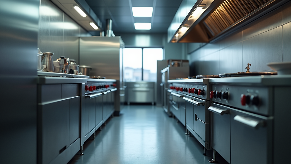 Eye-level view of a modern commercial kitchen with stainless steel appliances