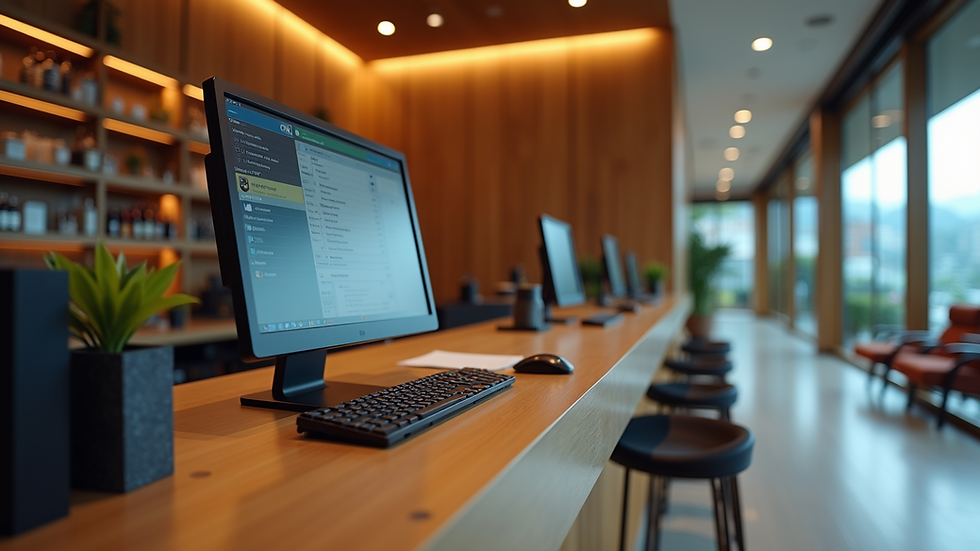 High angle view of a hotel front desk with a computer and reservation system