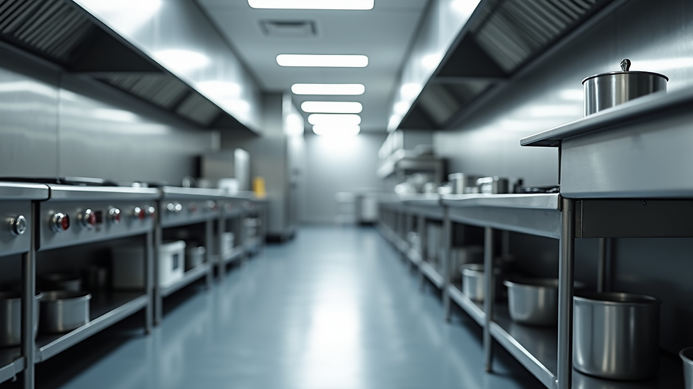 Eye-level view of a modern commercial kitchen layout with stainless steel counters