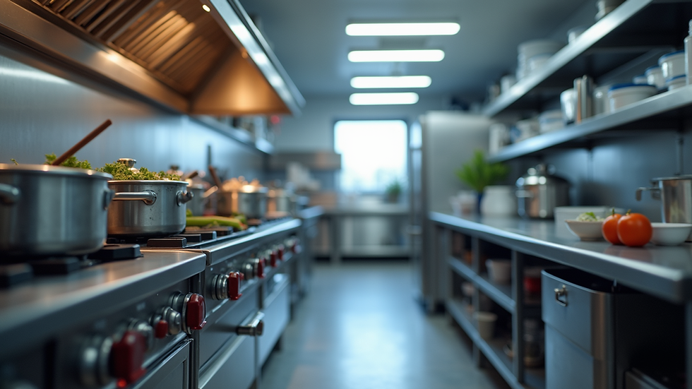 Eye-level view of a modern commercial kitchen with smart cooking appliances